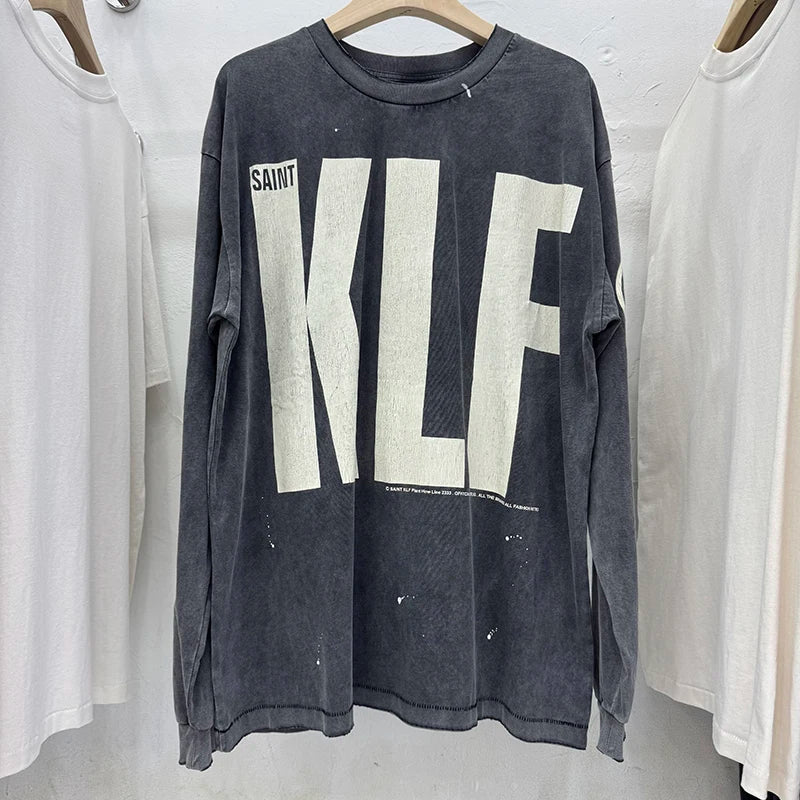 Autumn Fashion Saint High Quality KLF Letter Printed Vintage T Shirt Men