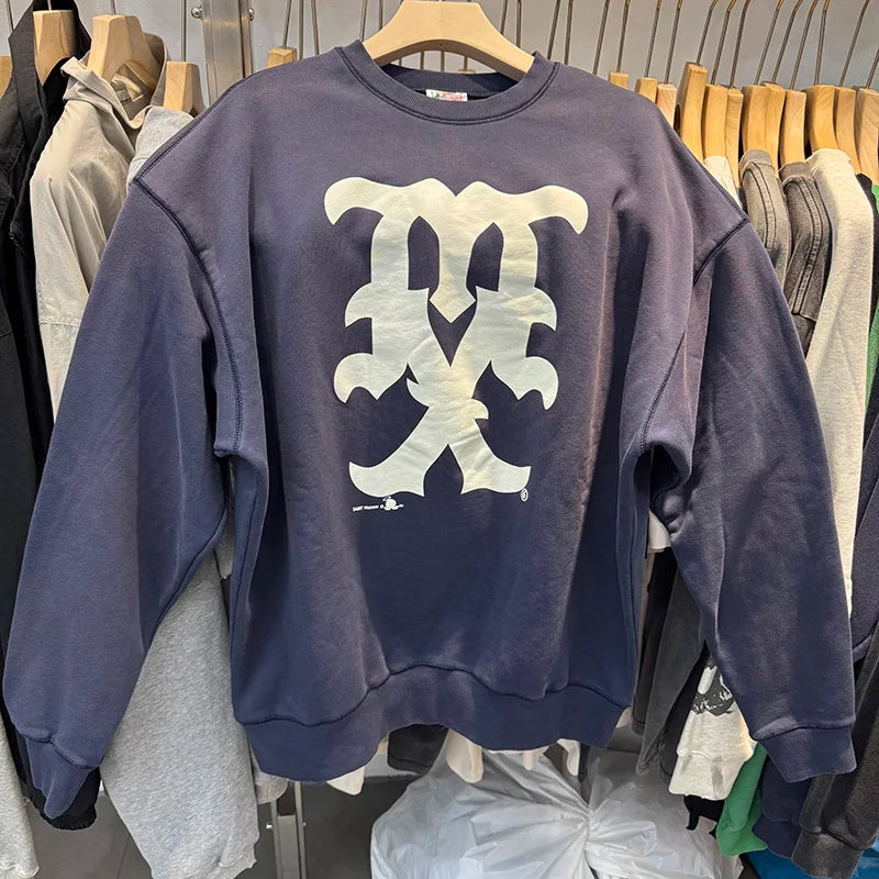 Retro Blue Sets Saint O-Neck Washed Simple Fashion Sweatshirt Loose Men