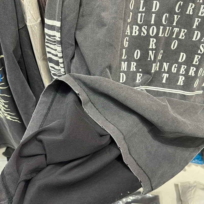Washed Black SAINT TEMPEST Letter Vintage T Shirt High Street Casual Men Women Long Sleeve Harajuku