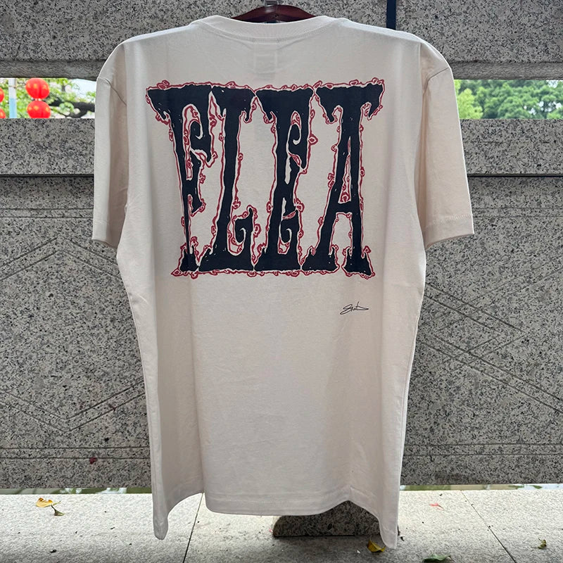 FLEA Letter Print Solar Disk Graphic T Shirts Summer Cotton Loose High Street Men Saint Popular Short Sleeve Tees