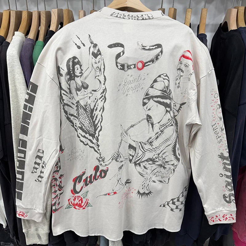 High Quality Saint Art Graffiti Printed Vintage T Shirt Autumn Cotton American Retro Fashion Letter Long Sleeve Men Streetwear