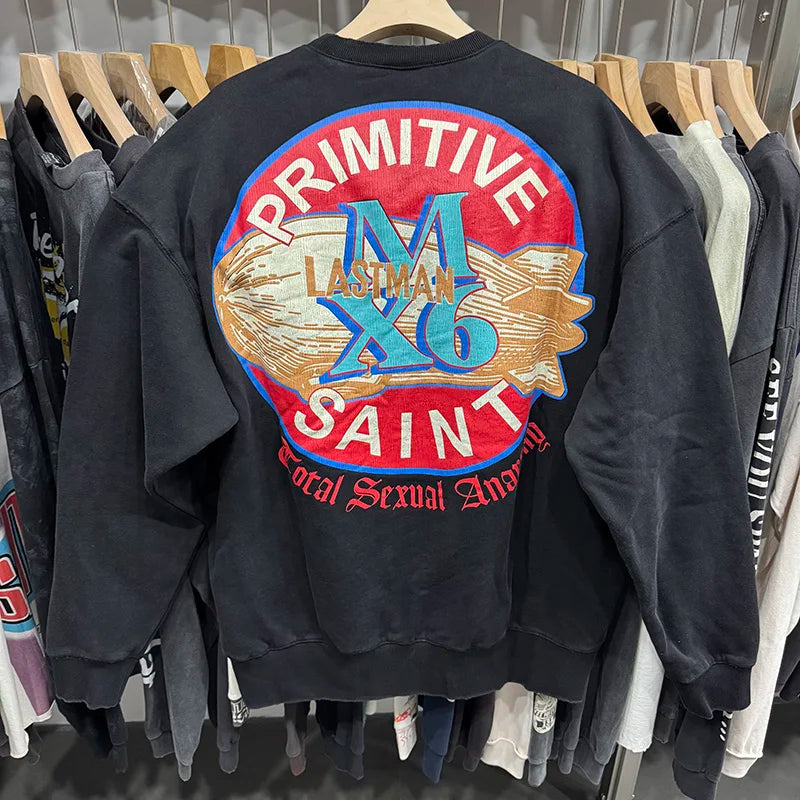 Co Branded Style Saint X LASTMAN Circular Pattern Letter Print Logo Ribbed Sleeves Crewneck for Men Sweatshirts