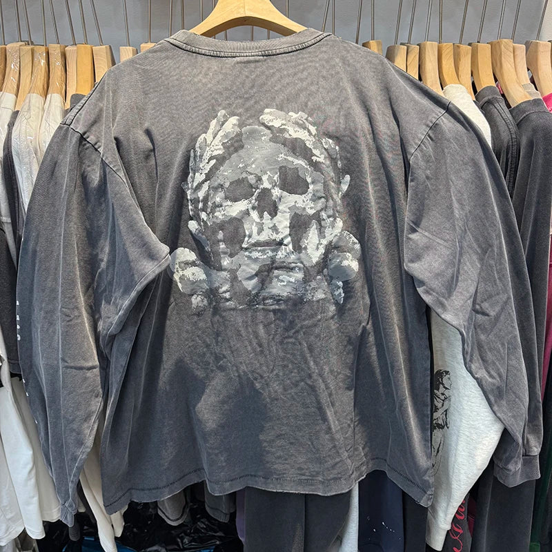 Best Quality Saint Harajuku Loose T Shirts for Men Japan Style Skulls Printed Vintage Long Sleeve Tees
