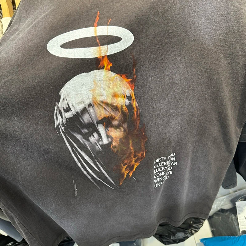 Saint Xxx Stb 25SS DEVIL DADDY Washed Distressed Oversized T Shirt Hip Hop Street Fashion