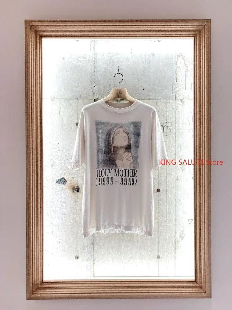 White Series Saint Portrait Letter Pattern Printed Short Sleeve American Casual Loose Men Women 1:1 Pure Cotton T-shirt