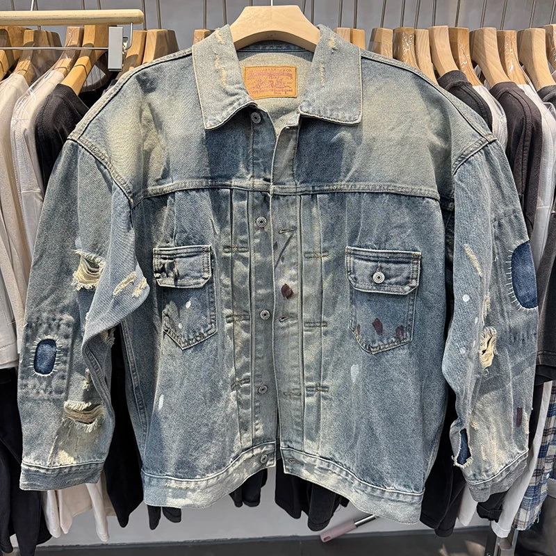 Harajuku Saint High Quality Vintage Damage Distress Ripped Denim Jacket Casual Men Women Fashion BBJ Versatile Coat
