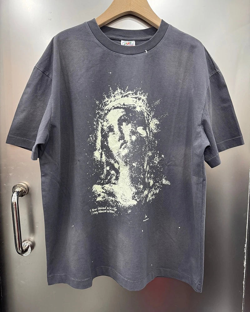 Luminous Series Saint Vintage Loose Short Sleeve Goddess Print T Shirts for Men Summer Street Fashion