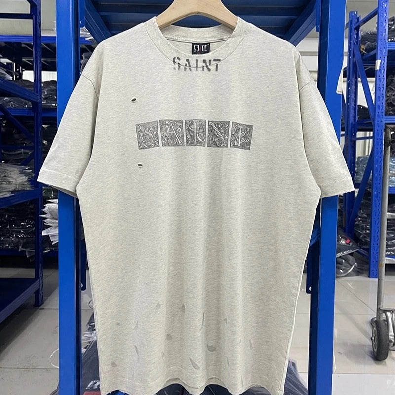 Vintage Casual Saint X Tears Graffiti Hole Breaking Style Skulls Print Graphic T Shirts Streetwear Men
