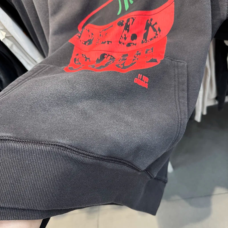 25AW Saint Street Retro Style Love Born Flowers Printed Hoodies Men Harajuku Heavy Fabric Washed Pullover Top