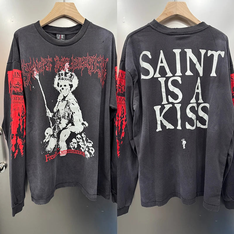High Quality Saint O-Neck American Retro Skeleton King Graphic T Shirts Autumn Cotton Washed Trendy Long Sleeve Tops