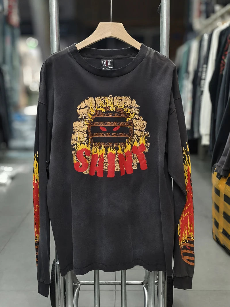 Autumn Retro Series Saint Three Inch Nail Blue Oversized T Shirt High Quality Cotton Men Women Fashion Long Sleeve Streetwear