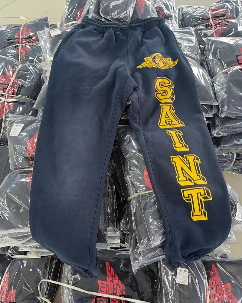 Saint Xxx Stb CREW SWT IT'S Letter Crack Washed Mens Pants Streetwear