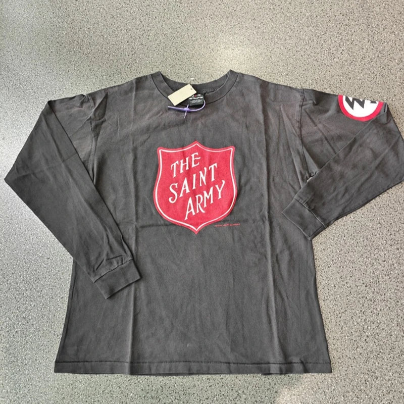 SAINT XXX STB Street Fashion Washed Distressed Letter Print American Style Vintage Casual Men Women Long Sleeve T-shirt