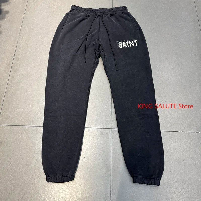 Retro Fashion Saint Letter Print Drawstring Loose Casual Pants Solid Color Knitted Sports Pants Men Clothing