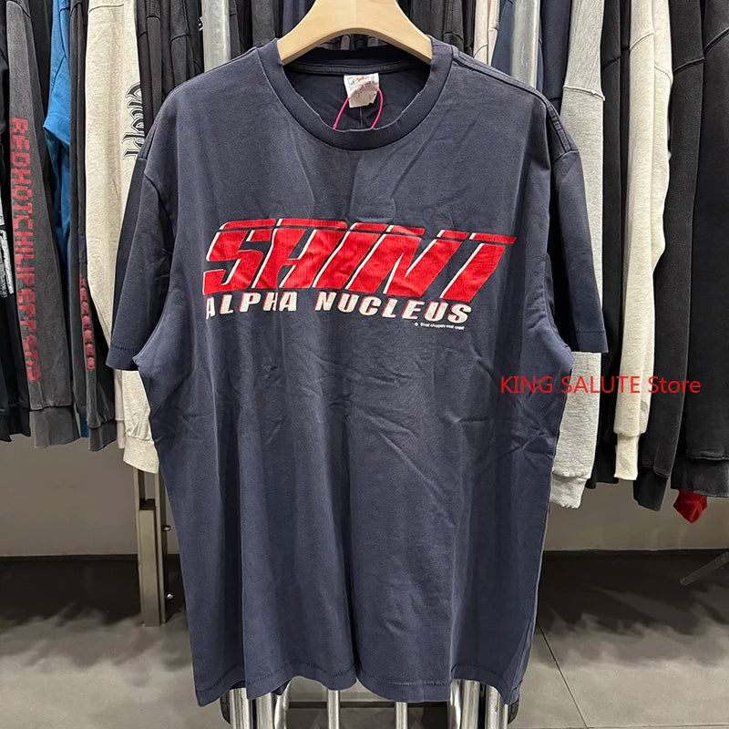 Retro Blue Saint Crack Letter ALPHA Logo Vintage T Shirt Washed Hole Summer Men Short Sleeve