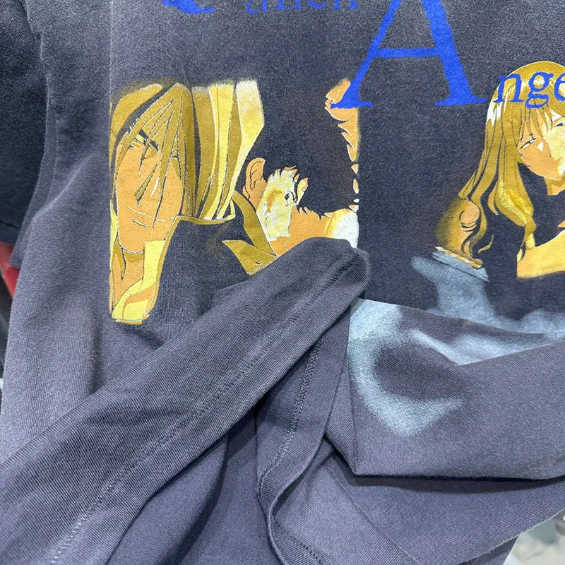 Harajuku Cool Print Saint Fashion Cartoon Characters Graphic T Shirts Washed Retro Men Women 1:1 Summer Short Sleeve