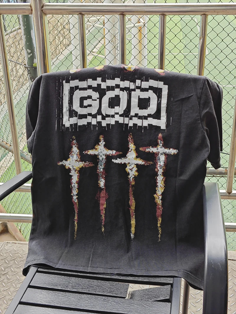 VTG Nine Toothed Nail Round Neck Oversized T Shirt Men High Street Casual Summer Cotton Saint Fashion Short Sleeve