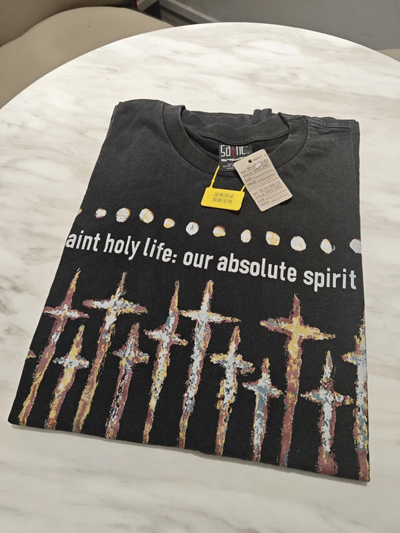 VTG Nine Toothed Nail Round Neck Oversized T Shirt Men High Street Casual Summer Cotton Saint Fashion Short Sleeve