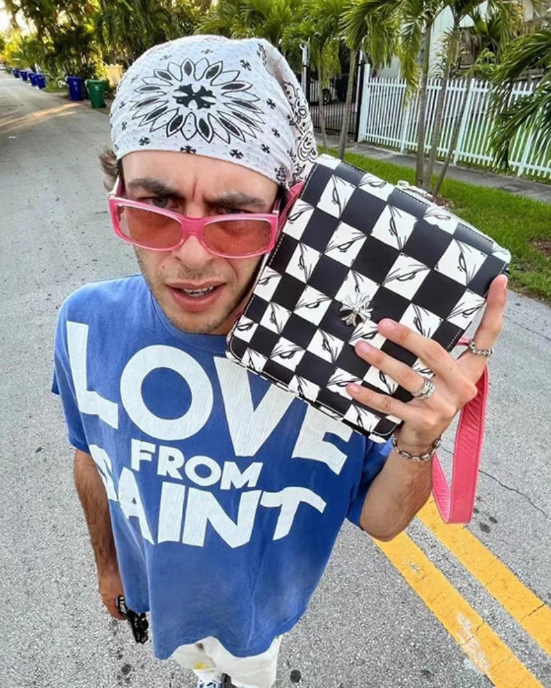 Street Fashion Saint Round Neck Retro Crack Letter Logo Green Printed Short Sleeve American Style Men T Shirt