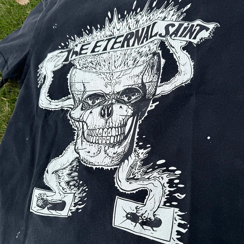 Street Fashion The Eternal Saint Letter Cartoon Skulls Print T Shirt for Men Summer Hip Hop Rap Loose Short Sleeve