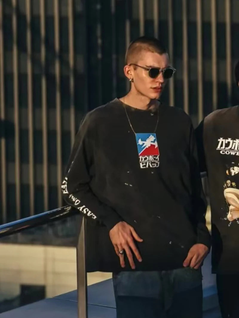 Autumn Fashion Saint Vintage Casual Cartoon Aircraft Printed T-shirt Men