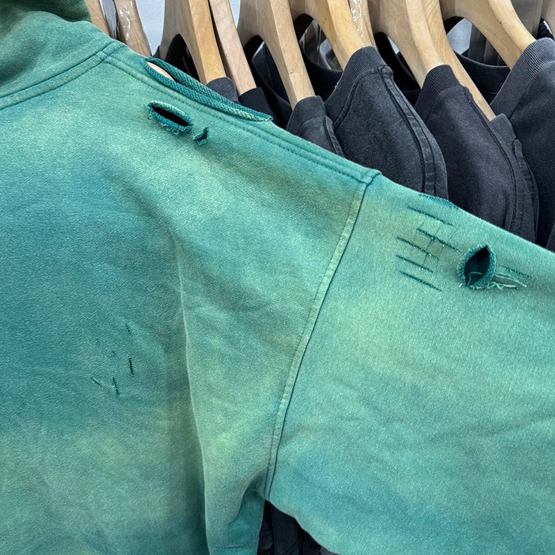 Retro Green Saint American Style Hole Men Women Hoodies Casual Fashion Zipper Winter Coat