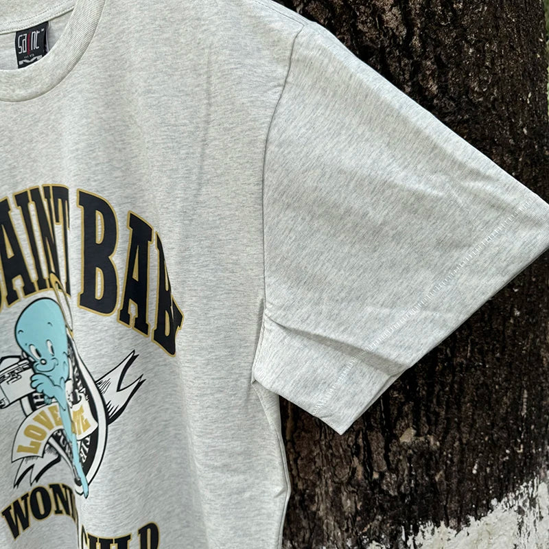 Summer Japan Style Originality Fun Angel Baby High Quality Saint Oversized T Shirt Washed Light Gray Men