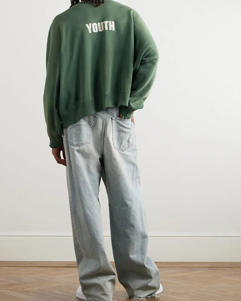 Washed Green Saint Winter Thicken Sweatshirt Loose Retro Hole Street Fashion Men Women Pullover Harajuku