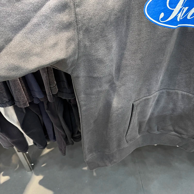 25FW SAINT Blue Circle Letter Printed Washed Distressed Hip Hop Hoodies Street Fashion Retro Grey Sweatshirt