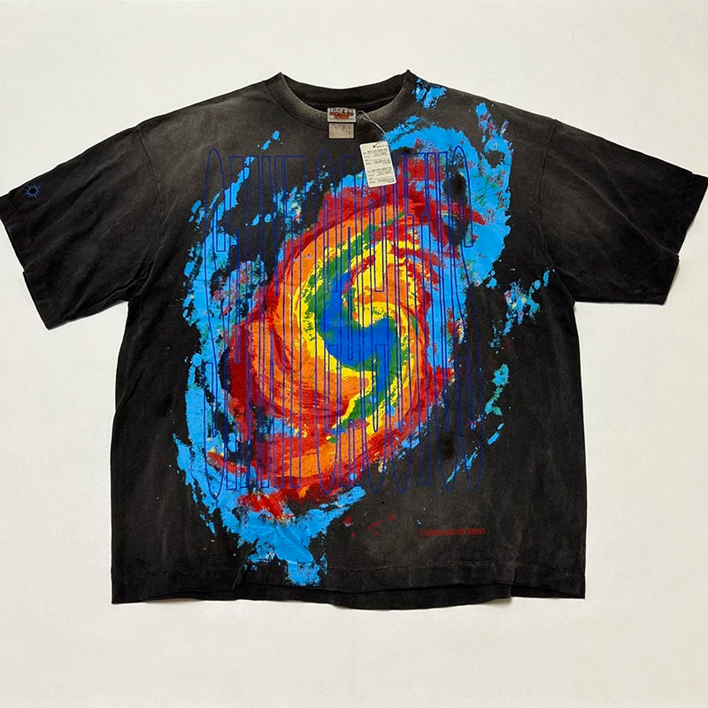 Washed Vintage Saint Letter Print Harajuku Oversized T Shirt High Street Casual Men Women 1:1 Cylindrical Tees