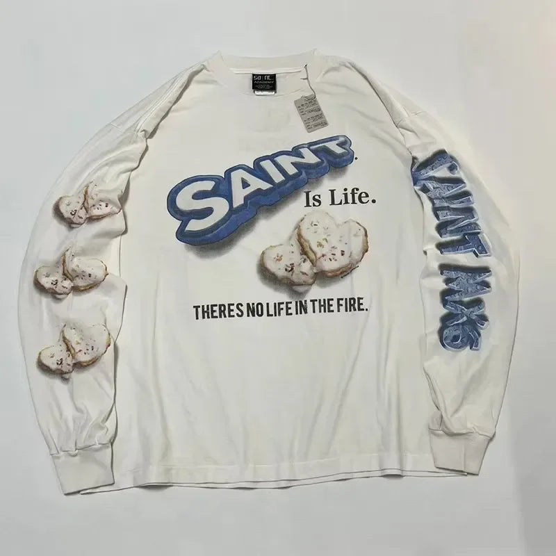 High Quality Saint Round Neck Soul Flame Vintage T Shirt Men Street Fashion Flame Word Long Sleeve