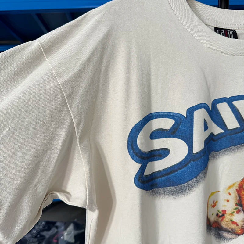 Fashion SAINT Loose Biscuit Print High Street Casual Men Women Vintage T Shirt Autumn and Winter Tops