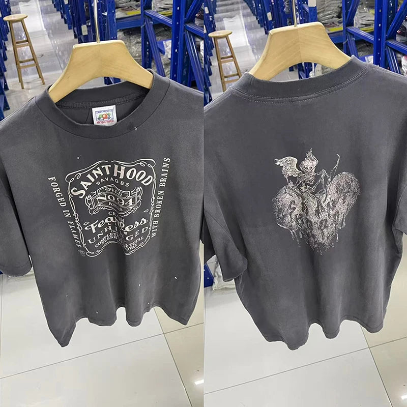 Street Fashion Saint Cotton Summer Plain Knit American Retro Short Sleeve Heart-shaped Print Skeleton T Shirts