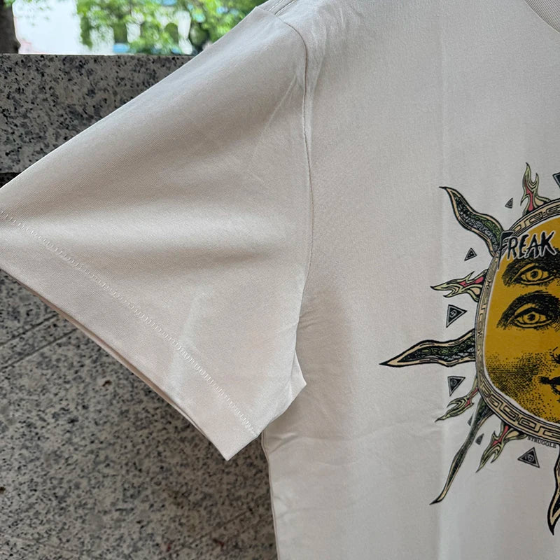 FLEA Letter Print Solar Disk Graphic T Shirts Summer Cotton Loose High Street Men Saint Popular Short Sleeve Tees