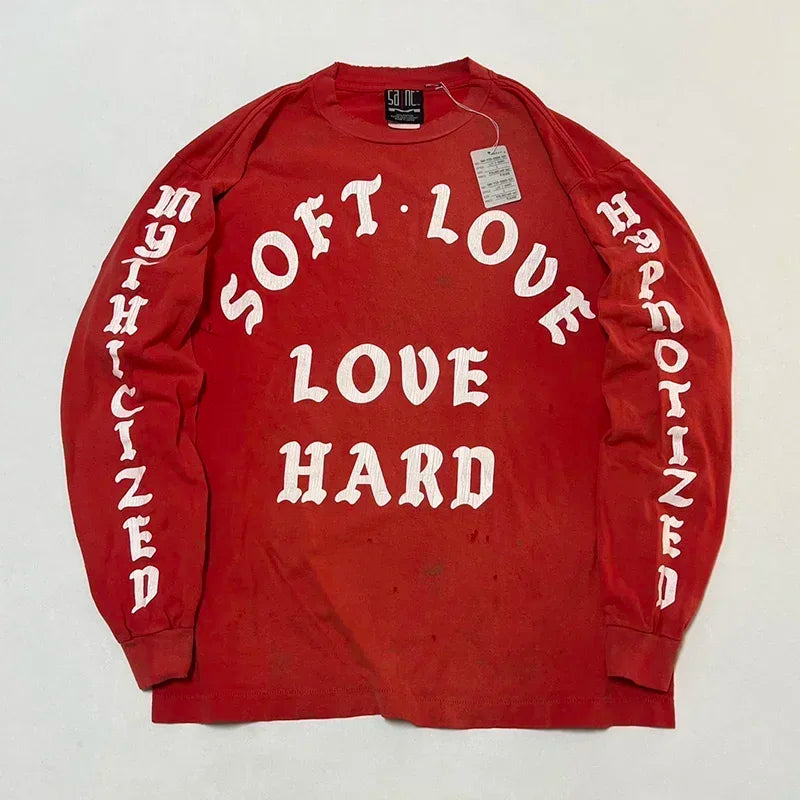 High Quality Saint Round Neck Soul Flame Vintage T Shirt Men Street Fashion Flame Word Long Sleeve