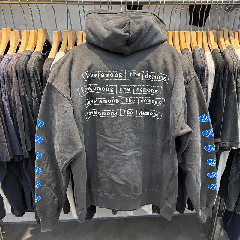 25FW SAINT Blue Circle Letter Printed Washed Distressed Hip Hop Hoodies Street Fashion Retro Grey Sweatshirt