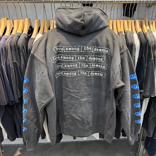 25FW SAINT Blue Circle Letter Printed Washed Distressed Hip Hop Hoodies Street Fashion Retro Grey Sweatshirt