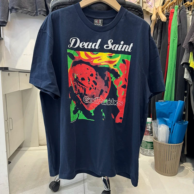Streetwear Saint Retro Blue Gothic Graphic T Shirts High Quality Pure Cotton Short Sleeve