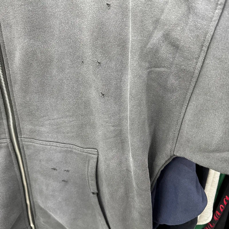 Solid Saint Zipper Hoodies Retro High Quality Washed Damage Style Popular Fashion Winter Coat