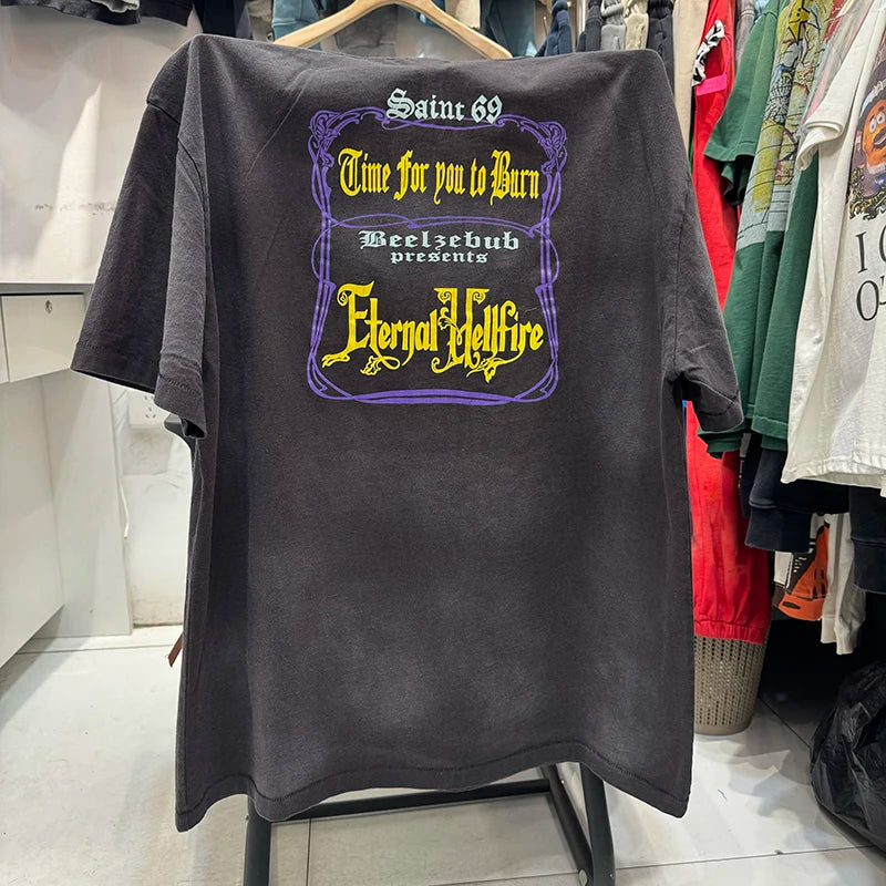 Saint Loose Red Devil Bringer Graphic T Shirts Washed Pure Cotton Hip Hop Style Street Fashion Summer Tees