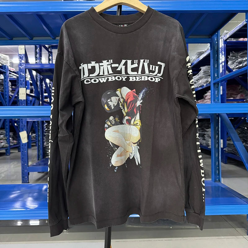 Autumn Retro Series Saint Three Inch Nail Blue Oversized T Shirt High Quality Cotton Men Women Fashion Long Sleeve Streetwear