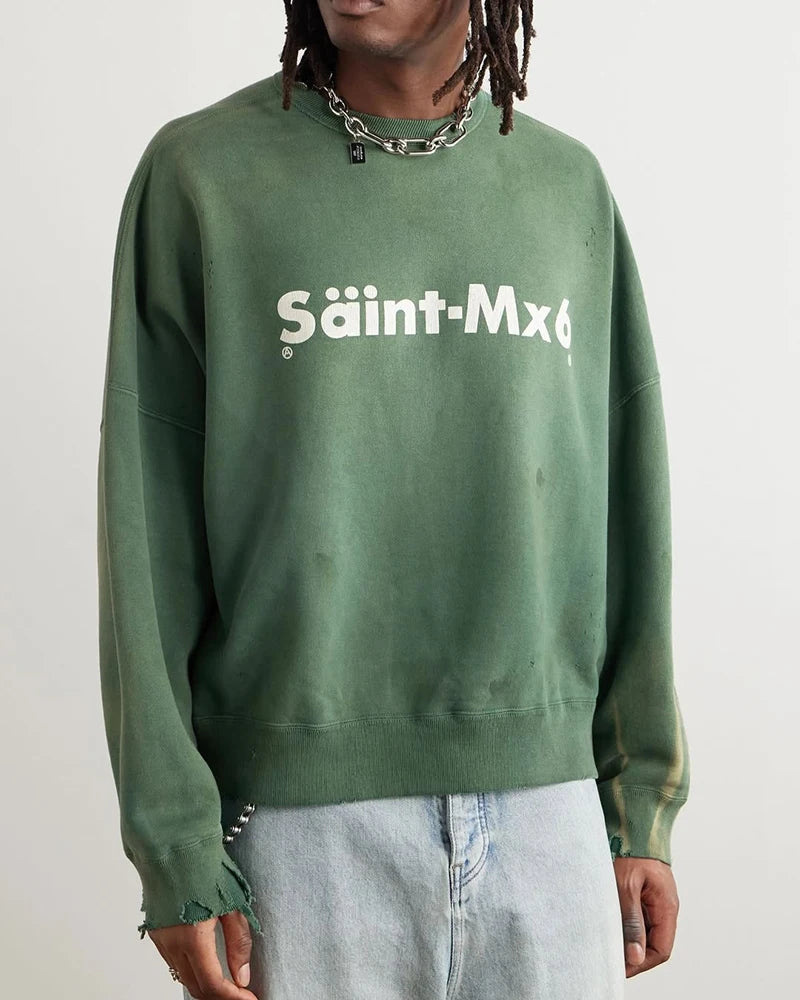 Washed Green Saint Winter Thicken Sweatshirt Loose Retro Hole Street Fashion Men Women Pullover Harajuku