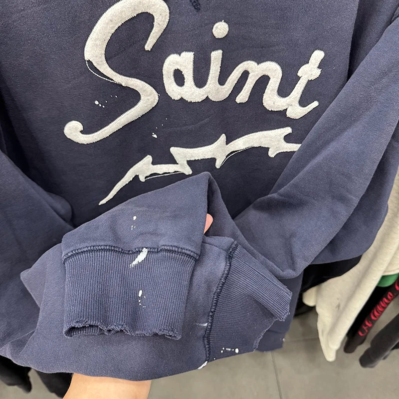 Splash-ink Saint Loose O-Neck Letter Embroidery Washed Blue Sweatshirts Vintage Streetwear Men
