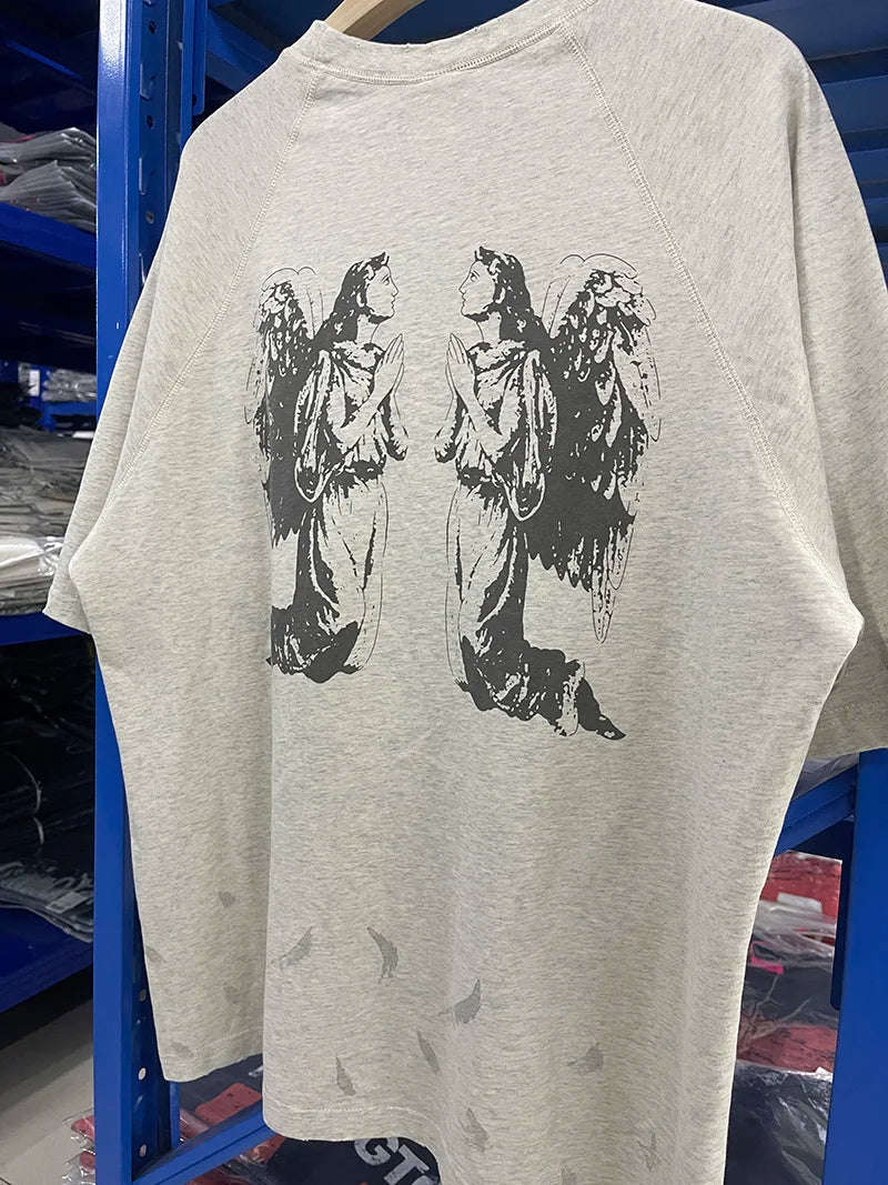 Summer Washed Grey Saint Hole Breaking Style Oversized T-shirt ARIES High Quality Letter Print Men Short Sleeve