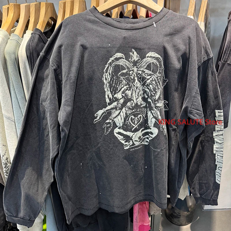 Gradient Color Letter SAINT Retro Washed Oversized T Shirt High Quality Japan Style Fashion Long Sleeve Tees