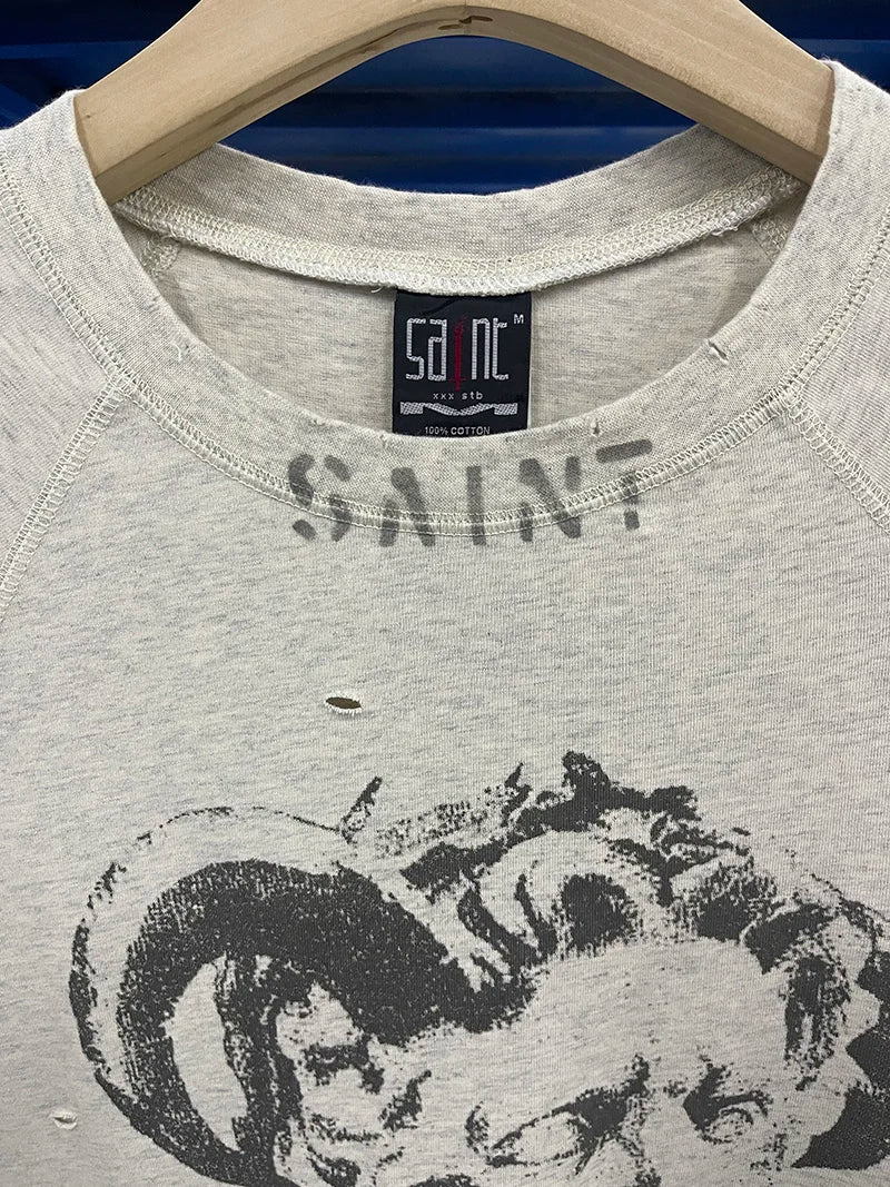 Summer Washed Grey Saint Hole Breaking Style Oversized T-shirt ARIES High Quality Letter Print Men Short Sleeve