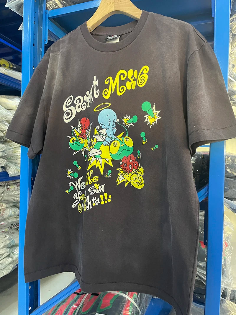 Street Fashion Saint Cartoon Happy Angel Oversized T Shirt Casual Men Summer Cotton Washed Vintage Tee