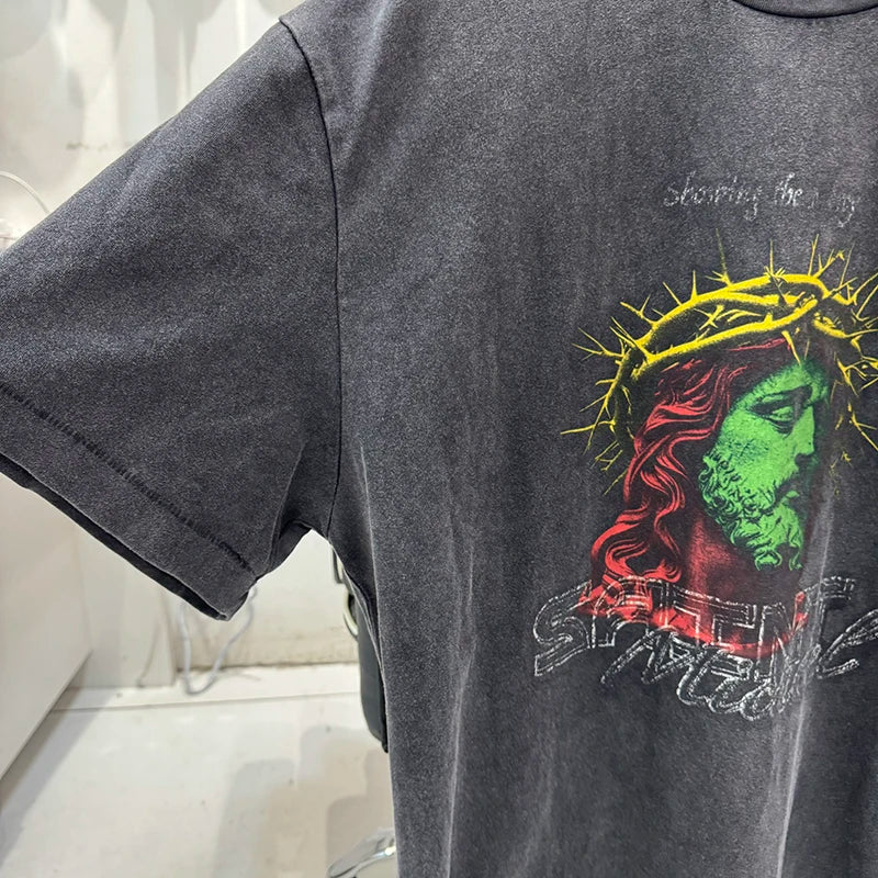 Saint Xxx Stb Men Clothing Washed Retro Portrait Print Character Print American Style Oversized T Shirt Streetwear