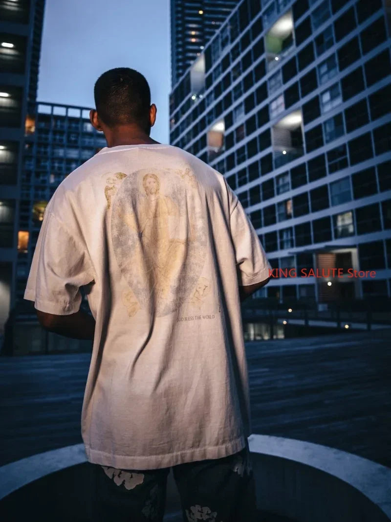 White Series Saint Portrait Letter Pattern Printed Short Sleeve American Casual Loose Men Women 1:1 Pure Cotton T-shirt