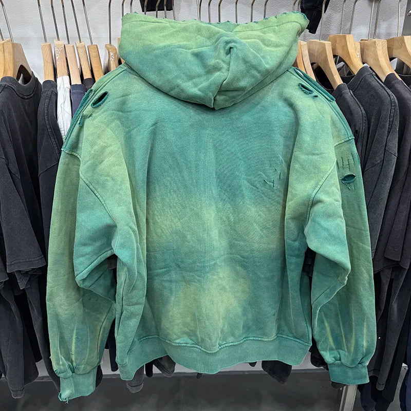 Retro Green Saint American Style Hole Men Women Hoodies Casual Fashion Zipper Winter Coat